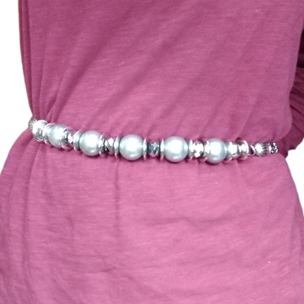 Silver Large Faux Pearl Waist Belt Skinny Chain - Picture 5 of 6